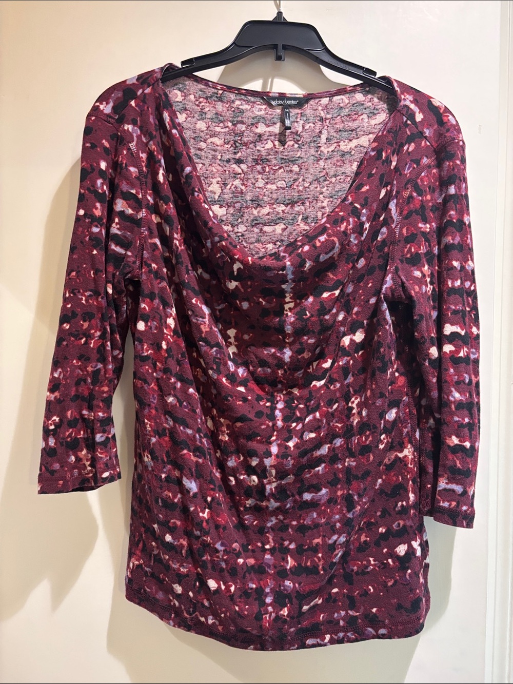 Daisy Fuentes Burgundy and Black Patterned Cowl Neck Long Sleeve Top